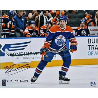 Edmonton Oilers Evan Bouchard Fanatics Authentic Autographed 16 x 20 Blue Jersey Skating Photograph with Lets Go Oilers! Inscription