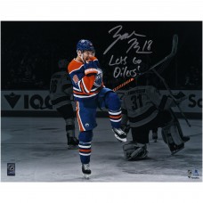 Edmonton Oilers Zach Hyman Fanatics Authentic Autographed 16 x 20 Blue Jersey Celebrating Photograph with Lets Go Oilers! Inscription