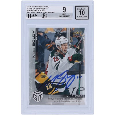 Matthew Boldy Minnesota Wild Autographed 2021-22 Upper Deck Game Dated Moments Rookie Debut #36 Beckett Fanatics Witnessed Authenticated 9/10 Card - 9.5/8.5/9.5/9.5 Subgrades