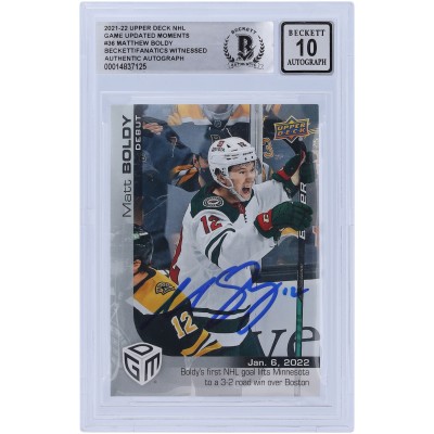 Matthew Boldy Minnesota Wild Autographed 2021-22 Upper Deck Game Dated Moments Rookie Debut #36 Beckett Fanatics Witnessed Authenticated 10 Card