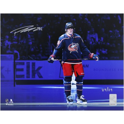 Patrik Laine Columbus Blue Jackets Autographed Fanatics Authentic 11 x 14 Navy Jersey Pregame Photograph - Limited Edition #29/29