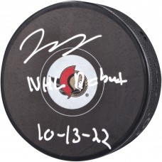 Шайба с автографом Jake Sanderson Ottawa Senators Autographed Fanatics Authentic with NHL Debut 10-13-22 Inscription