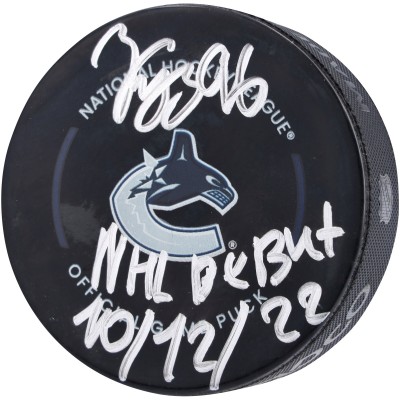 Шайба с автографом Andrei Kuzmenko Vancouver Canucks Fanatics Authentic Official Game with NHL Debut 10/12/22 Inscription