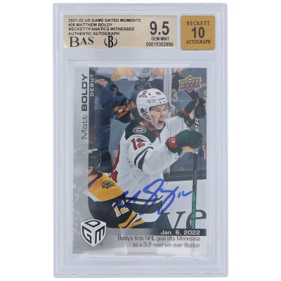 Matthew Boldy Minnesota Wild Autographed 2021-22 Upper Deck Game Dated Moments Rookie Debut #36 Beckett Fanatics Witnessed Authenticated 9.5/10 Card